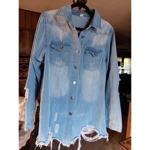 Vintage Y2K Shredded Distressed Button Front Denim Shirt Jacket Size XL